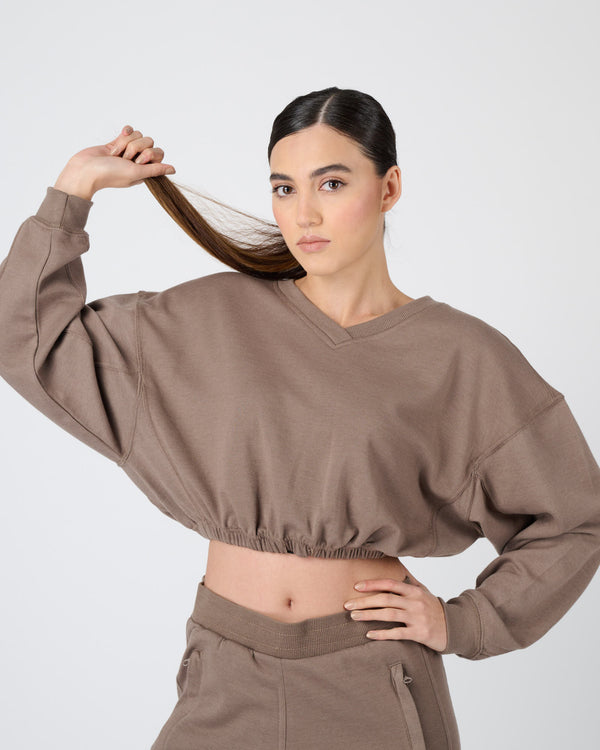 Women Cropped Sweatshirt - Mocha