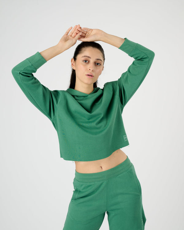 Women Raw Cropped Hoodie - Evergreen