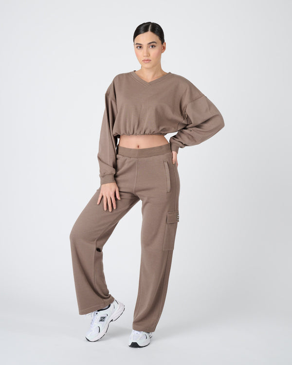 Women Wide Leg Cargo Joggers - Mocha