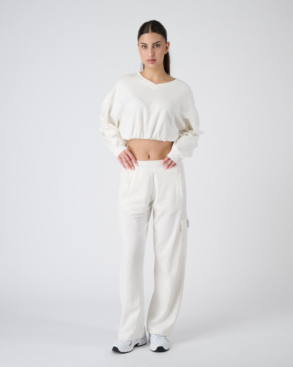 Women Wide Leg Cargo Joggers - Cream White