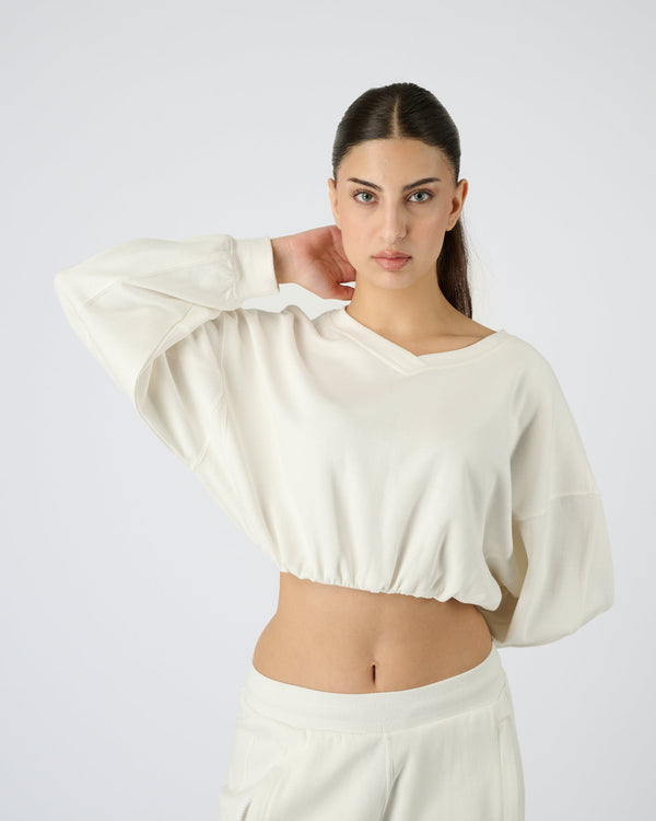 Women Cropped Sweatshirt - Cream White