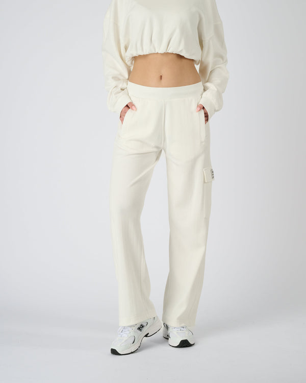 Women Wide Leg Cargo Joggers - Cream White